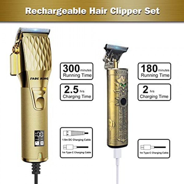 FADEKING® 남성용 전문 이발기 - 남성용 무선 수염 트리머, 이발사 이발용 LCD 디스플레이 이발기 및 트리머 세트, 여행용 케이스가 포함된 남성용 그루밍 키트, 남성용 