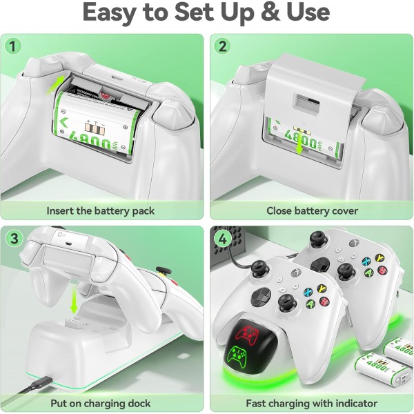 Xbox One/Xbox Series X/S Elite용 2X 4800mWh 충전식 배터리가 있는 Xbox 컨트롤러 충전 스테이션, Xbox 시리즈/One 컨트롤러용 Xbox 배터리가 있는 Xbox One 컨트롤러 충전 스테이션, 흰