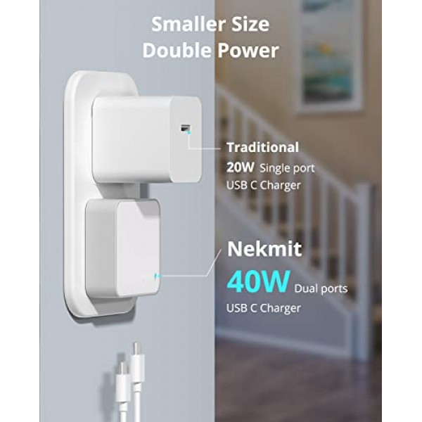 Nekmit 듀얼 포트 USB C 벽면 충전기, 40W PD 고속 충전 USB C 벽면 플러그 어댑터, iPhone 14/14 Pro/14 Pro Max, Galaxy, MacBook Air, iPad, AirPods 등을 위한 평면형 얇고 슬림형 C 충전기 블