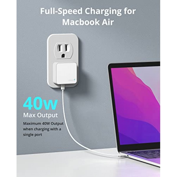 Nekmit 듀얼 포트 USB C 벽면 충전기, 40W PD 고속 충전 USB C 벽면 플러그 어댑터, iPhone 14/14 Pro/14 Pro Max, Galaxy, MacBook Air, iPad, AirPods 등을 위한 평면형 얇고 슬림형 C 충전기 블