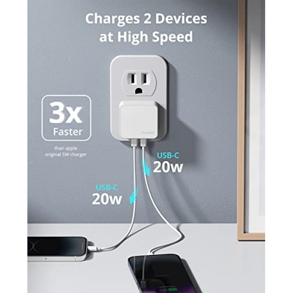 Nekmit 듀얼 포트 USB C 벽면 충전기, 40W PD 고속 충전 USB C 벽면 플러그 어댑터, iPhone 14/14 Pro/14 Pro Max, Galaxy, MacBook Air, iPad, AirPods 등을 위한 평면형 얇고 슬림형 C 충전기 블