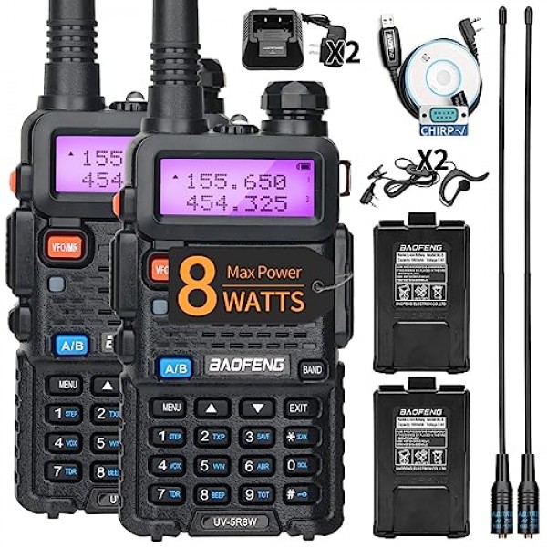 BAOFENG UV-5R 햄 라디오 8W 휴대용 고출력 듀얼 밴드 144-148/420-450Mhz 프로그래밍 케이블 등이 포함된 Baofeng 라디오 장거리 워키 토키(검은색 + 2팩 풀 세트)