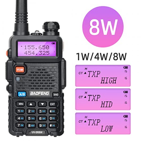 BAOFENG UV-5R 햄 라디오 8W 휴대용 고출력 듀얼 밴드 144-148/420-450Mhz 프로그래밍 케이블 등이 포함된 Baofeng 라디오 장거리 워키 토키(검은색 + 2팩 풀 세트)