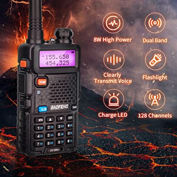 BAOFENG UV-5R 햄 라디오 8W 휴대용 고출력 듀얼 밴드 144-148/420-450Mhz 프로그래밍 케이블 등이 포함된 Baofeng 라디오 장거리 워키 토키(검은색 + 2팩 풀 세트)