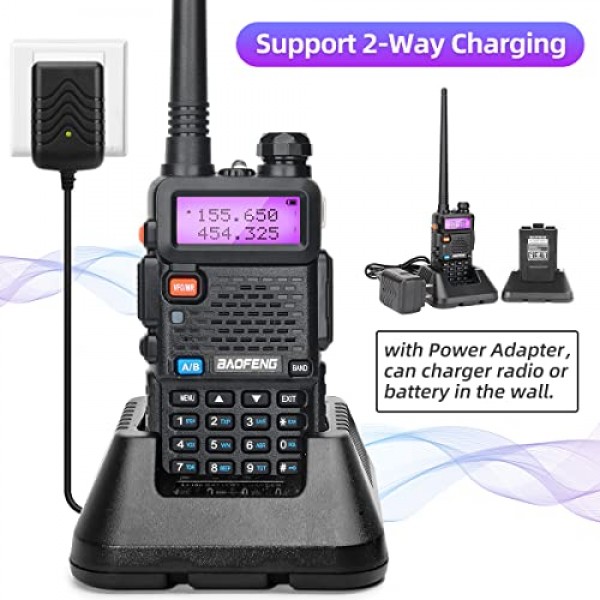 BAOFENG UV-5R 햄 라디오 8W 휴대용 고출력 듀얼 밴드 144-148/420-450Mhz 프로그래밍 케이블 등이 포함된 Baofeng 라디오 장거리 워키 토키(검은색 + 2팩 풀 세트)