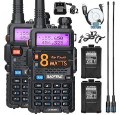 BAOFENG UV-5R 햄 라디오 8W 휴대용 고출력 듀얼 밴드 144-148/420-450Mhz 프로그래밍 케이블 등이 포함된 Baofeng 라디오 장거리 워키 토키(검은색 + 2팩 풀 세트)