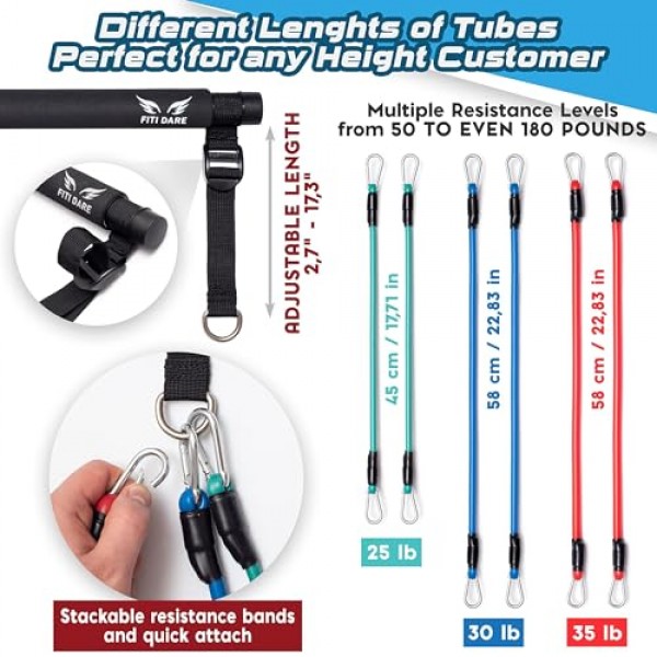 저항 밴드(25,30,35lb) 및 비디오가 포함된 다기능 필라테스 바 키트 | 모든 키의 여성 및 남성을 위한 휴대용 운동 장비 홈 체육관 | 전신 피트니스 운동 세트