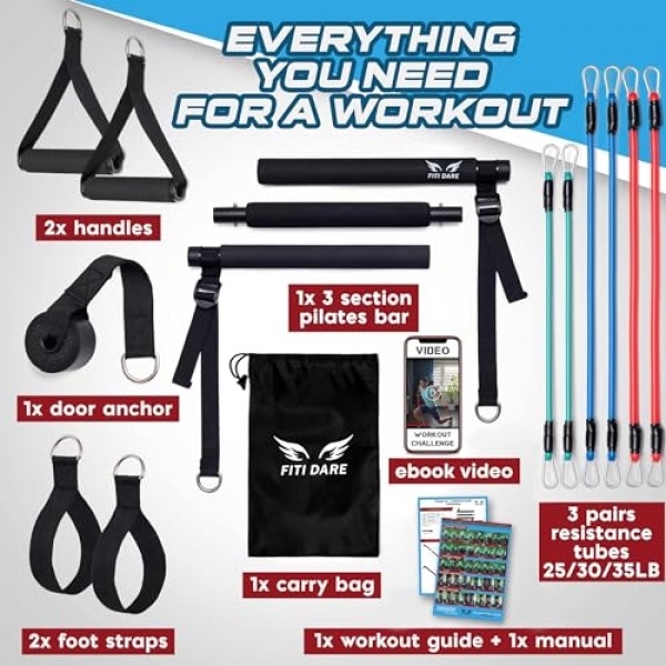 저항 밴드(25,30,35lb) 및 비디오가 포함된 다기능 필라테스 바 키트 | 모든 키의 여성 및 남성을 위한 휴대용 운동 장비 홈 체육관 | 전신 피트니스 운동 세트