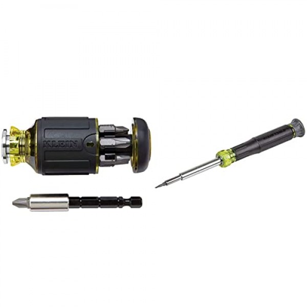 Klein Tools 32314 전자 스크루드라이버, 14-in-1 및 32308 멀티 비트 스터비 스크루드라이버, 십자형, 일자형, 정사각형 및 너트 드라이버가 포함된 충격 등급 8-in-1 조정 가능