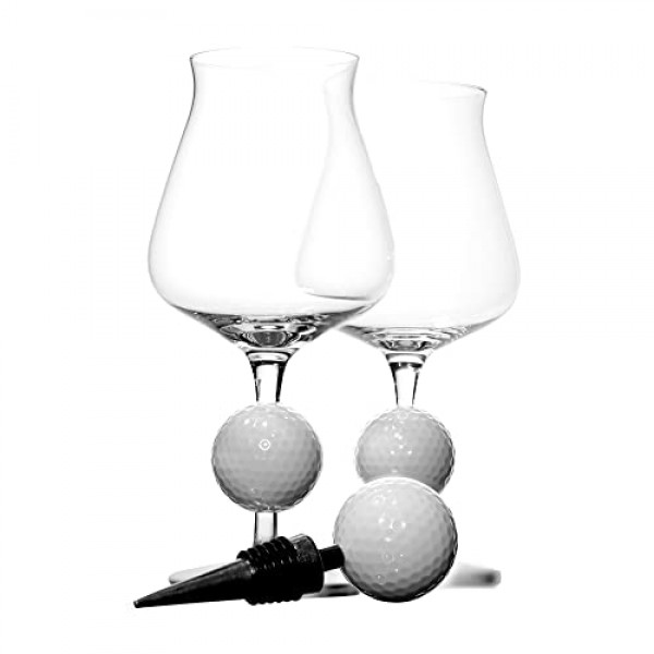실제 골프공이 포함된 FunPro 크리스탈 와인잔 - 2개 세트, 특허 출원 중, 손으로 불어 만든 프리미엄 정품 크리스털 투명 와인잔, 파티, 결혼식 및 가정용 모던한 긴 줄