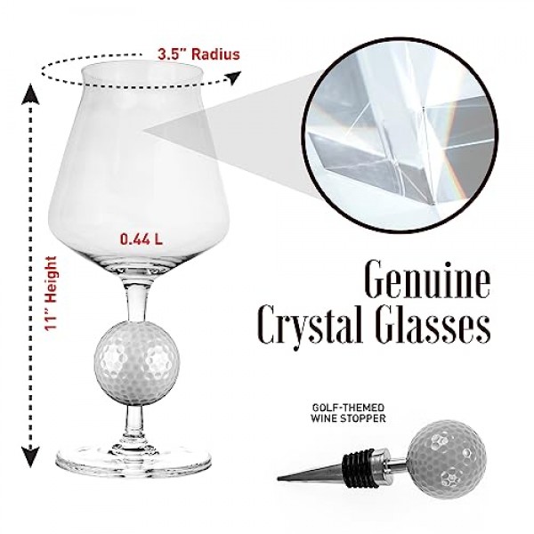 실제 골프공이 포함된 FunPro 크리스탈 와인잔 - 2개 세트, 특허 출원 중, 손으로 불어 만든 프리미엄 정품 크리스털 투명 와인잔, 파티, 결혼식 및 가정용 모던한 긴 줄