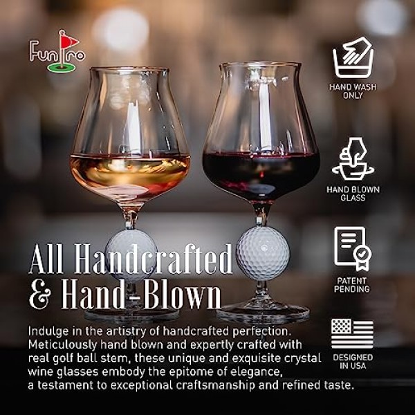 실제 골프공이 포함된 FunPro 크리스탈 와인잔 - 2개 세트, 특허 출원 중, 손으로 불어 만든 프리미엄 정품 크리스털 투명 와인잔, 파티, 결혼식 및 가정용 모던한 긴 줄