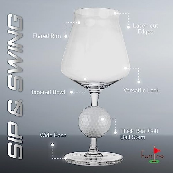 실제 골프공이 포함된 FunPro 크리스탈 와인잔 - 2개 세트, 특허 출원 중, 손으로 불어 만든 프리미엄 정품 크리스털 투명 와인잔, 파티, 결혼식 및 가정용 모던한 긴 줄