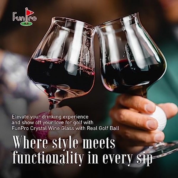 실제 골프공이 포함된 FunPro 크리스탈 와인잔 - 2개 세트, 특허 출원 중, 손으로 불어 만든 프리미엄 정품 크리스털 투명 와인잔, 파티, 결혼식 및 가정용 모던한 긴 줄