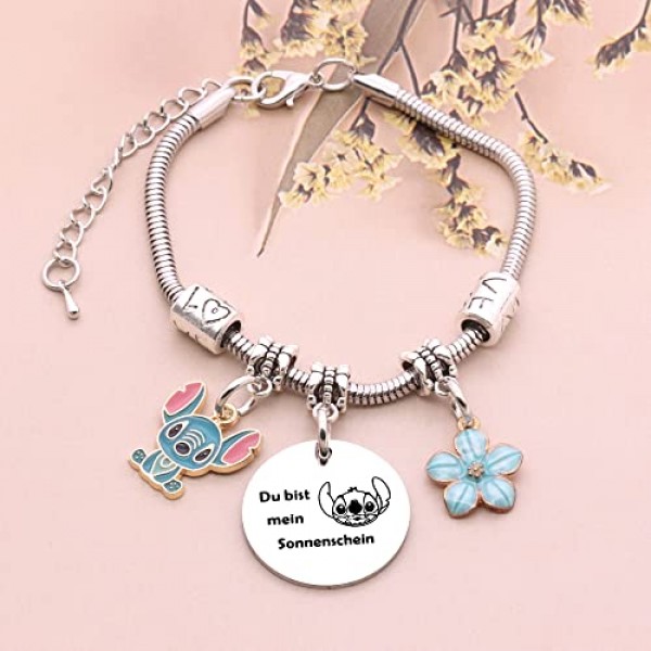 YESPTONRY Du Bist mein Sonnenschein 팔찌 여성을위한 스티치 선물 십대 소녀 스티치 팬을위한 실버 스티치 팔찌 그녀를위한 영감 선물