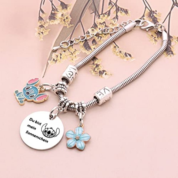 YESPTONRY Du Bist mein Sonnenschein 팔찌 여성을위한 스티치 선물 십대 소녀 스티치 팬을위한 실버 스티치 팔찌 그녀를위한 영감 선물