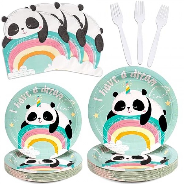 DECORLIFE 팬더 파티 접시 및 냅킨 24인분, 팬더 파티 용품, 팬더 베이비 샤워 생일 파티용 팬더 접시, 총 96개