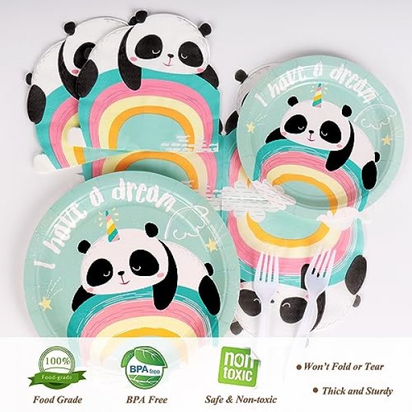 DECORLIFE 팬더 파티 접시 및 냅킨 24인분, 팬더 파티 용품, 팬더 베이비 샤워 생일 파티용 팬더 접시, 총 96개