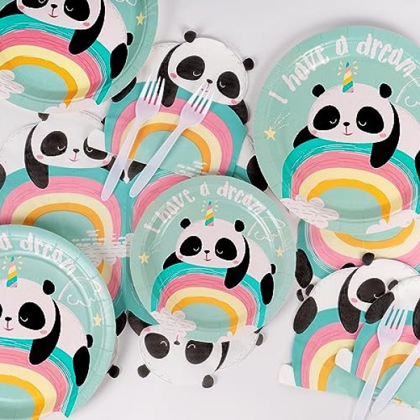 DECORLIFE 팬더 파티 접시 및 냅킨 24인분, 팬더 파티 용품, 팬더 베이비 샤워 생일 파티용 팬더 접시, 총 96개