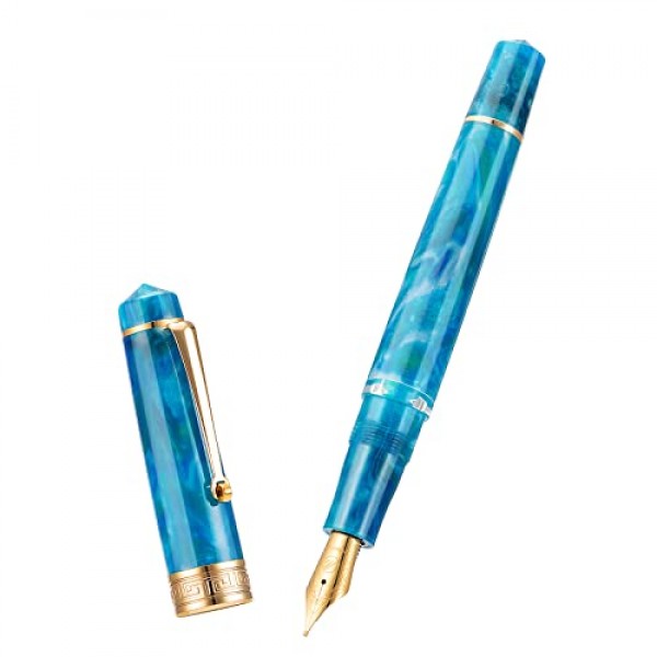 Asvine P20 피스톤 만년필 블루 레진, 이리듐 미디엄 펜촉 골드 트림 부드러운 작가 컬렉션 케이스 세트 포함