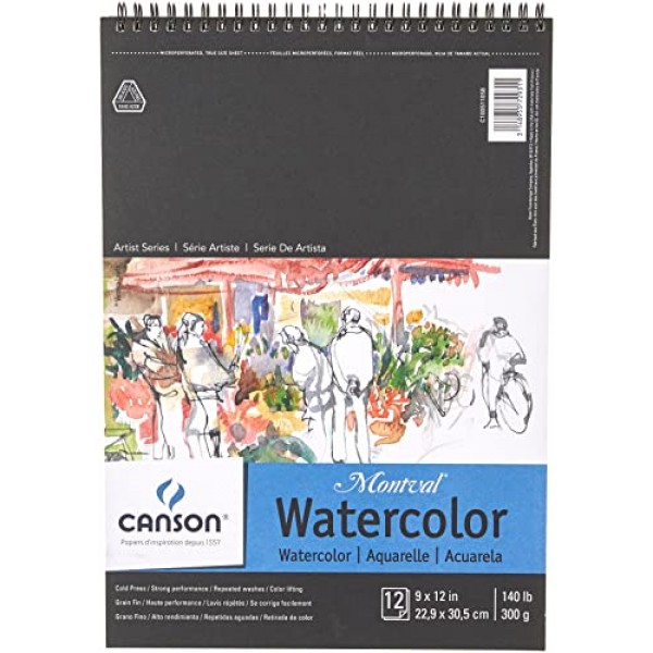 Canson 아티스트 시리즈 Montval 수채화 용지, 와이어바운드 패드, 9x12인치, 12매(140lb/300g) - 성인 및 학생을 위한 아티스트 용지 - 수채화, 혼합 매체, 마커 및 아트 저널링