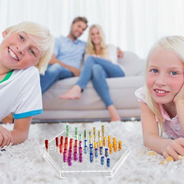 아크릴 중국어 체커 Halma 보드 게임 세트 12인치(삼각형 보관함 포함) 및 60색 1.6인치 소형 원통형 스틱 어린이와 성인을 위한 클래식 전략 가족 보드 게임