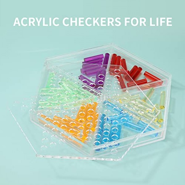 아크릴 중국어 체커 Halma 보드 게임 세트 12인치(삼각형 보관함 포함) 및 60색 1.6인치 소형 원통형 스틱 어린이와 성인을 위한 클래식 전략 가족 보드 게임