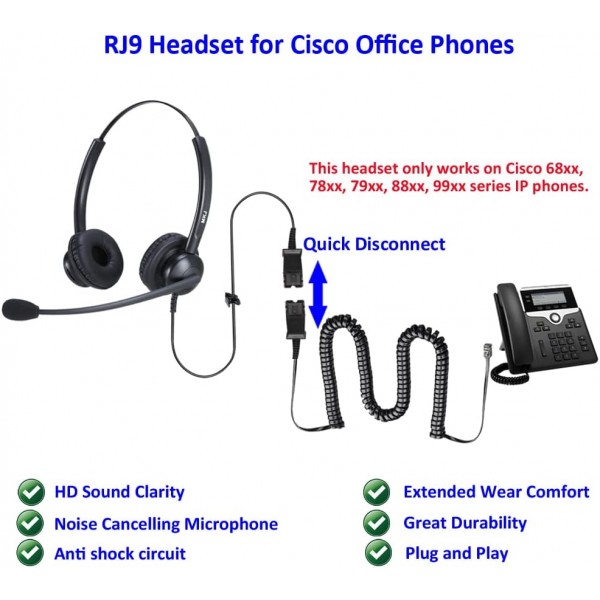 마이크 RJ9 RJ11 플러그가 있는 Emaiker 사무실 콜 센터 헤드셋 케이블 Cisco IP 전화 전용 794X 796X 797X 69XX 시리즈 및 8811,8841,8851,8861,8941,8945,8961,9951,9971 등… Binaural 809DQDC