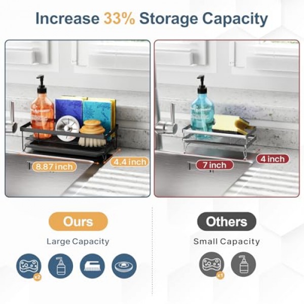 iSPECLE 싱크 캐디 스폰지 홀더 - 브러시 및 비누용 대형 주방 싱크 정리함, 탈착식 배수 트레이가 있는 접시 디스펜서 스폰지 캐디, 주방 싱크대 보관 액세서리, 블랙