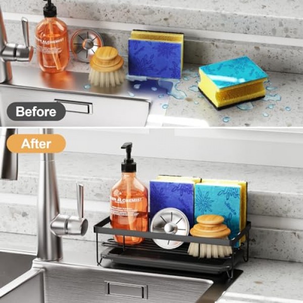 iSPECLE 싱크 캐디 스폰지 홀더 - 브러시 및 비누용 대형 주방 싱크 정리함, 탈착식 배수 트레이가 있는 접시 디스펜서 스폰지 캐디, 주방 싱크대 보관 액세서리, 블랙