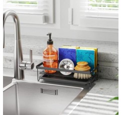 iSPECLE 싱크 캐디 스폰지 홀더 - 브러시 및 비누용 대형 주방 싱크 정리함, 탈착식 배수 트레이가 있는 접시 디스펜서 스폰지 캐디, 주방 싱크대 보관 액세서리, 블랙
