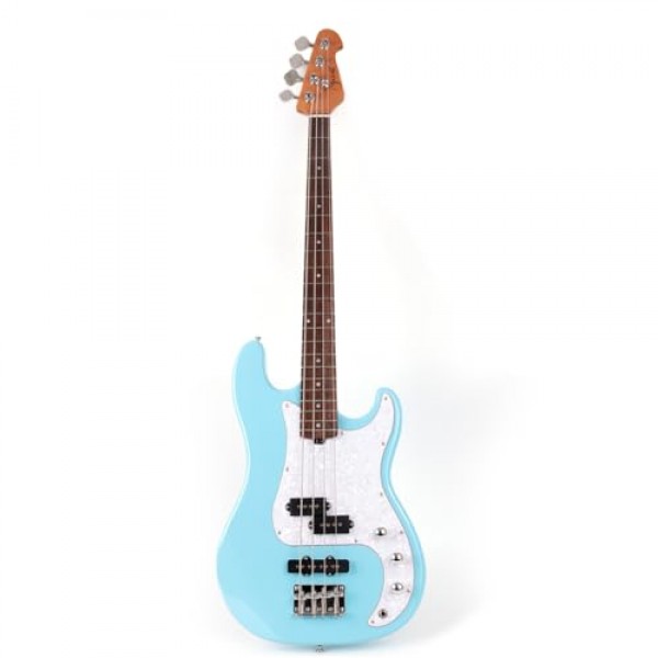 풀 사이즈 표준 일렉트릭 베이스 기타 4현 4현 오른손잡이용 참피나무 바디 구운 캐나다 메이플 넥 정품 로즈우드 프렛보드 지판 및 긱 백(블루)