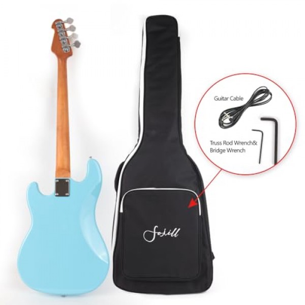 풀 사이즈 표준 일렉트릭 베이스 기타 4현 4현 오른손잡이용 참피나무 바디 구운 캐나다 메이플 넥 정품 로즈우드 프렛보드 지판 및 긱 백(블루)