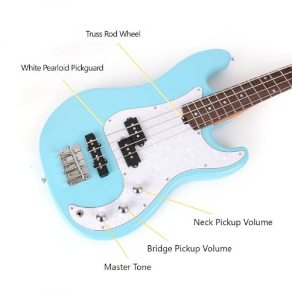 풀 사이즈 표준 일렉트릭 베이스 기타 4현 4현 오른손잡이용 참피나무 바디 구운 캐나다 메이플 넥 정품 로즈우드 프렛보드 지판 및 긱 백(블루)