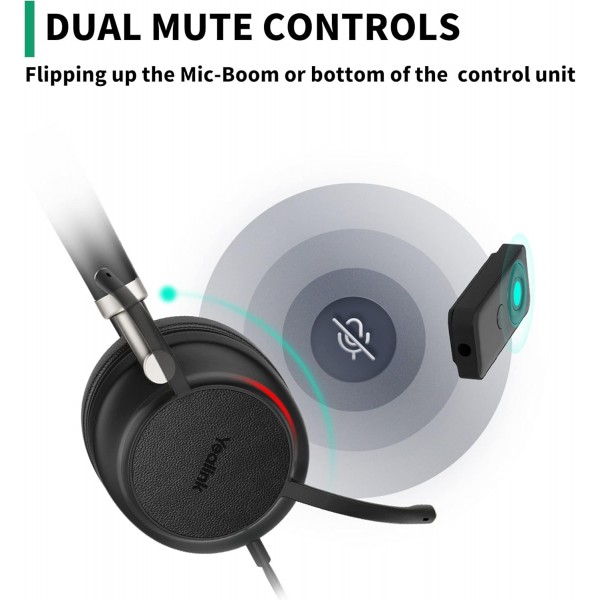 Yealink USB 헤드셋 UH38, VoIP 소프트폰/PC/노트북/Mac/태블릿/휴대폰용 소음 제거 마이크가 있는 Microsoft Teams 인증 스테레오 헤드폰, 인라인 컨트롤 내장 블루투스, USB-A 케이