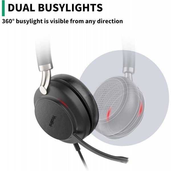 Yealink USB 헤드셋 UH38, VoIP 소프트폰/PC/노트북/Mac/태블릿/휴대폰용 소음 제거 마이크가 있는 Microsoft Teams 인증 스테레오 헤드폰, 인라인 컨트롤 내장 블루투스, USB-A 케이