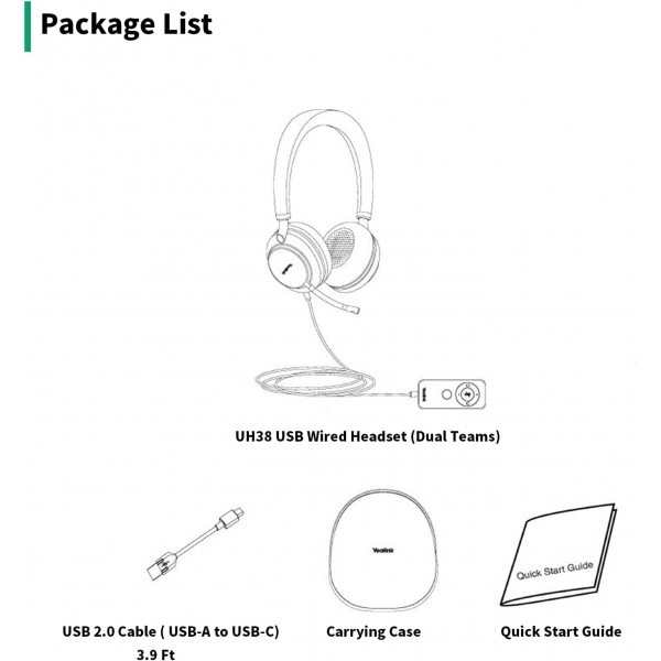 Yealink USB 헤드셋 UH38, VoIP 소프트폰/PC/노트북/Mac/태블릿/휴대폰용 소음 제거 마이크가 있는 Microsoft Teams 인증 스테레오 헤드폰, 인라인 컨트롤 내장 블루투스, USB-A 케이