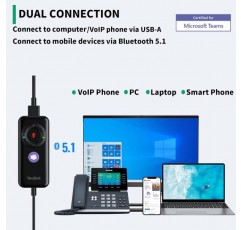Yealink USB 헤드셋 UH38, VoIP 소프트폰/PC/노트북/Mac/태블릿/휴대폰용 소음 제거 마이크가 있는 Microsoft Teams 인증 스테레오 헤드폰, 인라인 컨트롤 내장 블루투스, USB-A 케이