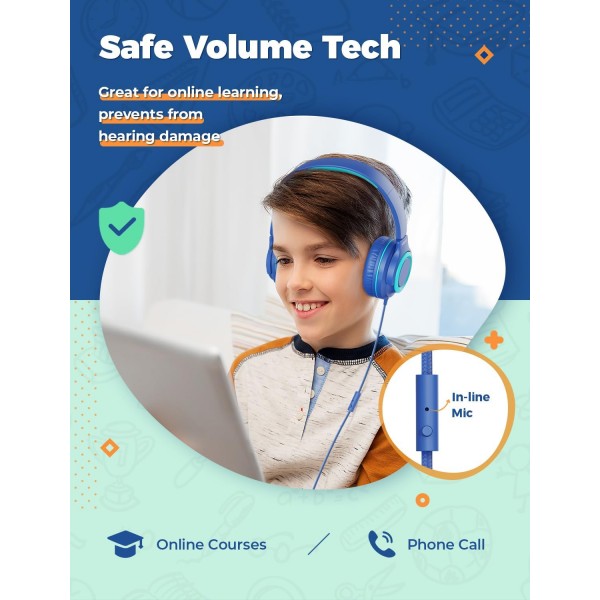 iClever Kids Headphones with Mic [2 팩]- 94dB 안전 볼륨 제한 - 공유 스플리터가 있는 어린이용 유선 헤드폰, 학교/태블릿/여행용 엉킴 방지 접이식 스테레오 헤드폰(블루&그린)