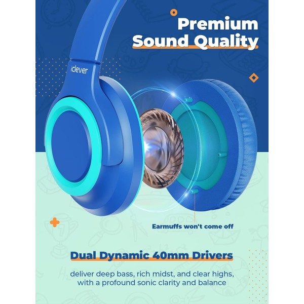 iClever Kids Headphones with Mic [2 팩]- 94dB 안전 볼륨 제한 - 공유 스플리터가 있는 어린이용 유선 헤드폰, 학교/태블릿/여행용 엉킴 방지 접이식 스테레오 헤드폰(블루&그린)