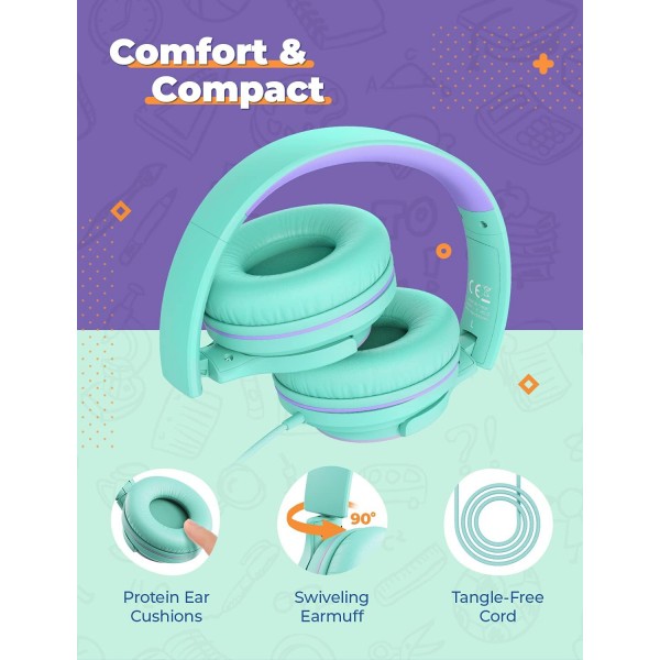 iClever Kids Headphones with Mic [2 팩]- 94dB 안전 볼륨 제한 - 공유 스플리터가 있는 어린이용 유선 헤드폰, 학교/태블릿/여행용 엉킴 방지 접이식 스테레오 헤드폰(블루&그린)