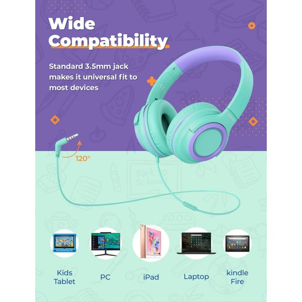 iClever Kids Headphones with Mic [2 팩]- 94dB 안전 볼륨 제한 - 공유 스플리터가 있는 어린이용 유선 헤드폰, 학교/태블릿/여행용 엉킴 방지 접이식 스테레오 헤드폰(블루&그린)