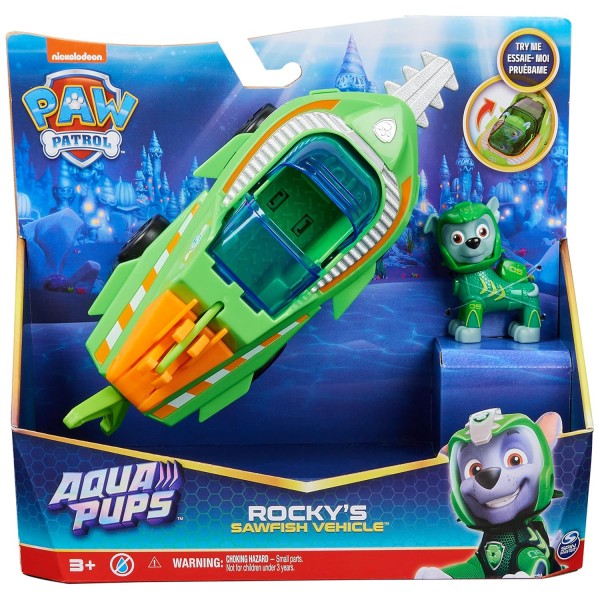 PAW PATROL Aqua Pups Rocky 컨버터블 Sawfish 차량, Collectible 액션 피규어 Kids Toy