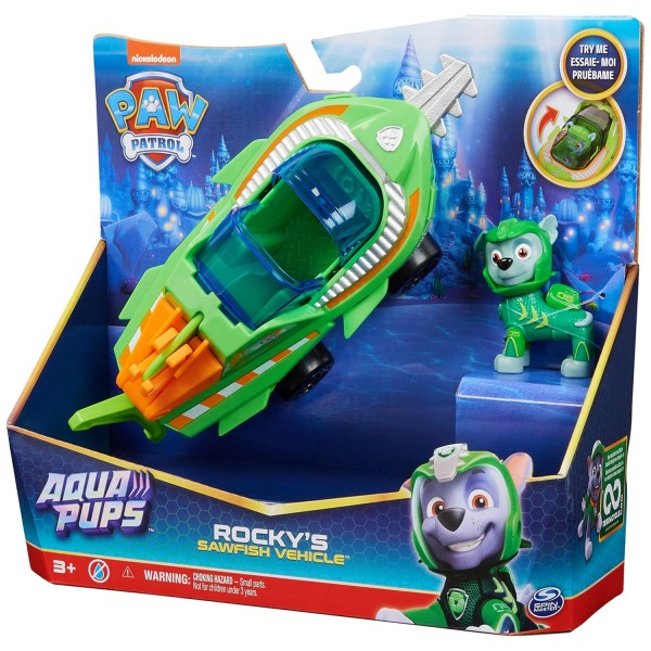 PAW PATROL Aqua Pups Rocky 컨버터블 Sawfish 차량, Collectible 액션 피규어 Kids Toy