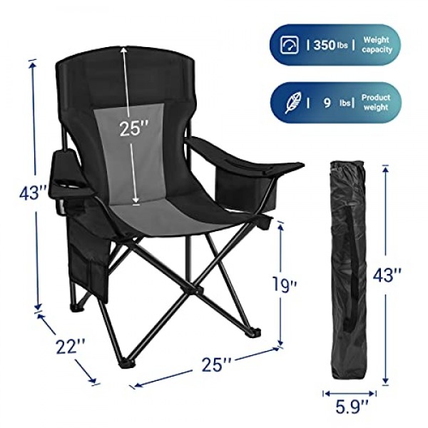 AsterOutdoor 캠핑 접이식 의자 대형 컵 홀더가 있는 패딩 처리된 쿼드 암 의자, 야외, 캠프, 실내, 파티오, 낚시용 측면 주최자 및 백 포켓, 350lbs 지원