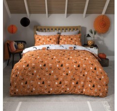 Sleepdown Halloween Pumpkins 멀티 가역 침구 베갯잇이 있는 소프트 이지 케어 이불 커버 세트 - 더블(200 x 200 cm), 폴리, 그레이/오렌지 더블 그레이/오렌지