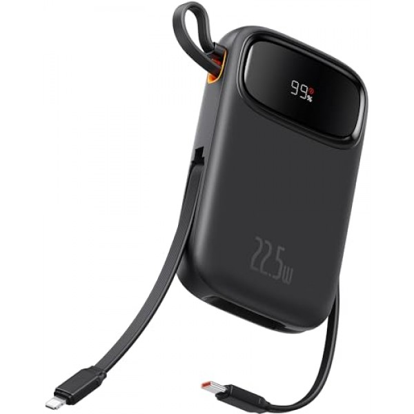 Baseus 휴대용 충전기 전원 은행, USB-C 및 iOS 출력 케이블이 내장된 22.5W 10000mAh 고속 충전 휴대용 전화 충전기, iPhone iPad Android Samsung용 LED 디스플레이 휴대용 배터리 팩