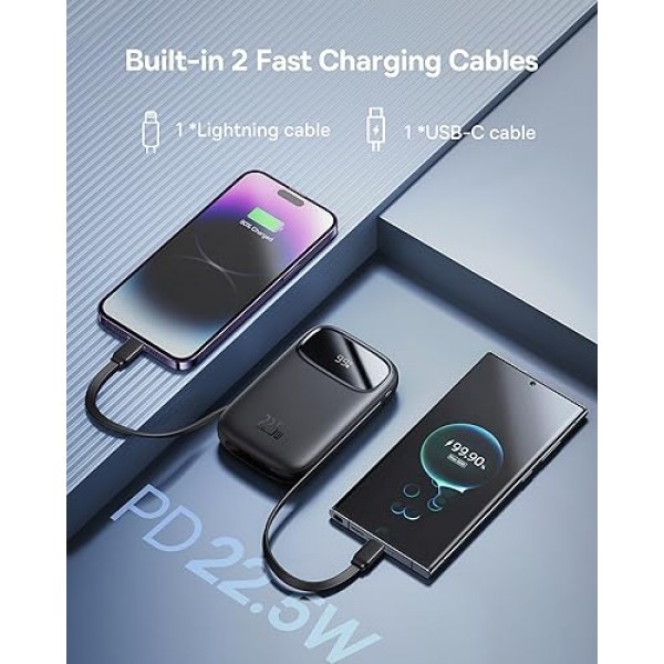 Baseus 휴대용 충전기 전원 은행, USB-C 및 iOS 출력 케이블이 내장된 22.5W 10000mAh 고속 충전 휴대용 전화 충전기, iPhone iPad Android Samsung용 LED 디스플레이 휴대용 배터리 팩