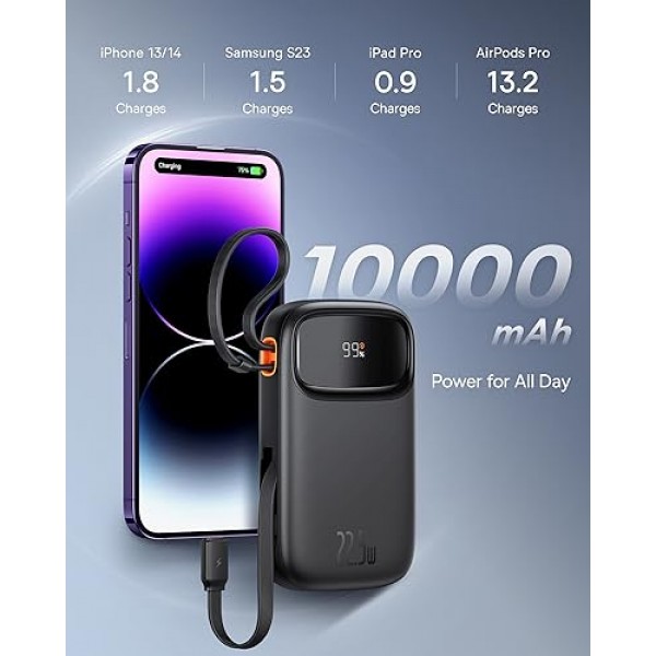 Baseus 휴대용 충전기 전원 은행, USB-C 및 iOS 출력 케이블이 내장된 22.5W 10000mAh 고속 충전 휴대용 전화 충전기, iPhone iPad Android Samsung용 LED 디스플레이 휴대용 배터리 팩