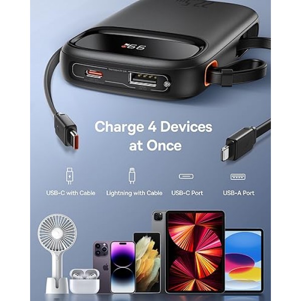Baseus 휴대용 충전기 전원 은행, USB-C 및 iOS 출력 케이블이 내장된 22.5W 10000mAh 고속 충전 휴대용 전화 충전기, iPhone iPad Android Samsung용 LED 디스플레이 휴대용 배터리 팩